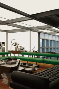 Modern office space featuring glass and concrete materials