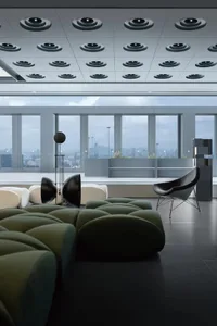 A modern office space featuring a contemporary interior design with modern materials.