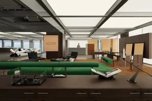 A modern office space with green upholstery, wood accents, and glass walls.