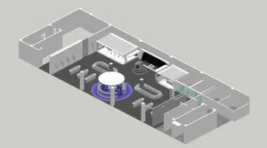 Layout of a modern shopping center with concrete elements, glass walls, metal fixtures, and illuminated areas.