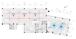 Detailed layout plan of a sales office with designated sales areas, a cashier's desk, locker rooms, and other functional zone