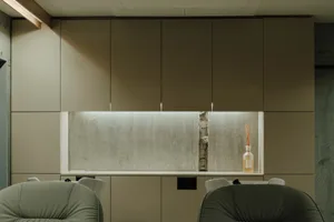 Minimalist living room with concrete walls and sleek interior design