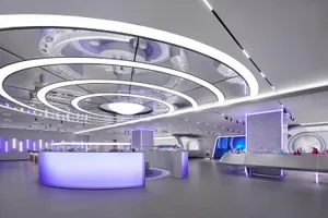 A minimalist retail store interior featuring a glass counter.