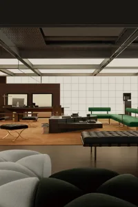 A modern office space with wooden flooring and green upholstered furniture.