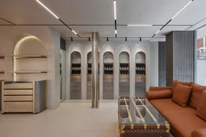 A modern sustainable living space featuring mixed materials and eco-friendly design elements.