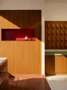 Modern interior design featuring wooden cabinets and a red shelf with a red toy.
