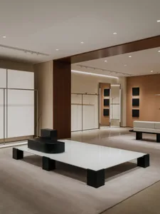 A minimalist interior design featuring glass and concrete materials.