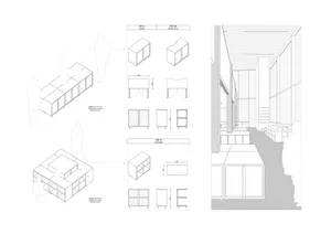 A technical plan of a modern interior design featuring metal, glass, and wood materials.