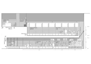 Schematic drawing of a modern library with metal shelving, on a floor plan.