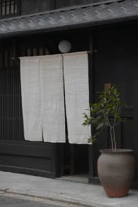 A minimalist modern building facade with wooden shutters, beige and white textile curtains, and a large potted plant with gre