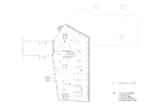 Floor plan of a modern office space drawing in black and white lines with numbers indicating different sections.