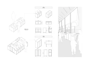 2D technical drawing of a modern office space featuring metal and glass furniture.