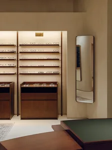 Shelves displaying various eyeglasses in an elegant optical store interior with wooden shelves, metal frames, and glass displ
