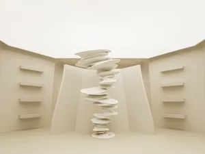 A minimalist abstract sculpture made of plaster.