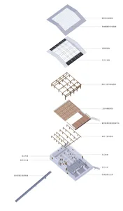 Cross-section diagram of a building structure showing metal beams and concrete slabs.