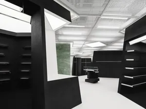 Modern minimalist office with black, white, and glass elements