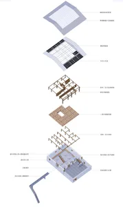Detailed architecture drawing of a building interior with wood, concrete, and metal materials.