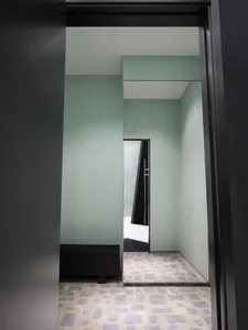 A modern entryway featuring cement floor tiles and carpeted flooring.