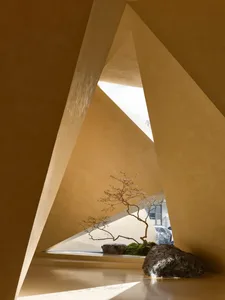 Minimalist modern interior space with concrete walls and a small tree.