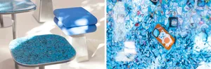 Blue plastic seats made from recycled materials