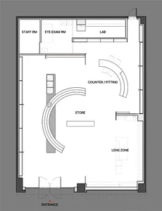Floor plan layout of an eye care center including staff room, eye examination room, lab, counter/fitting area, store, lens zo