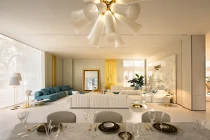 Modern living room with marble flooring and contemporary furniture.