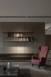 A modern living room featuring minimalist design with wood, glass, metal, and marble.