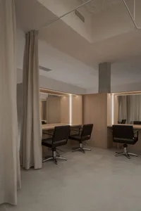 Modern minimalist salon featuring wood and glass materials.