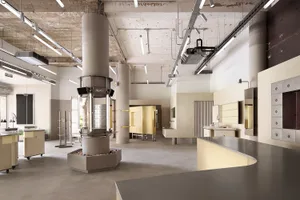 Modern commercial interior space with concrete and metallic designs.