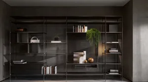 Minimalist interior design featuring a metallic bookshelf unit with books, plants, and decorative items.