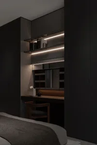 A modern bedroom with wood, leather, and metal accents
