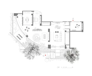 Modern residential floor plan featuring wood flooring and furniture.