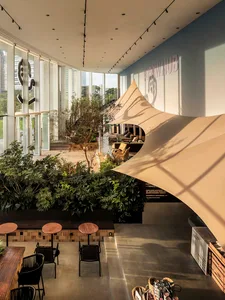Modern cafe interior with concrete and wood materials