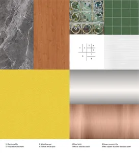 An image showcasing a variety of materials and textures including black marble, wood veneer, yellow art lacquer, green cerami