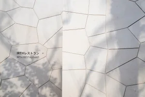 Modern exterior made of concrete tiles with irregular shapes and shadows from trees.