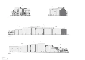 Four elevations of a multi-level commercial building showcasing exterior concrete structures with people and birds depicted i