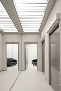Modern corridor with glass walls and metallic elements.