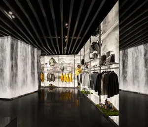 Modern retail store interior with concrete walls and floor.