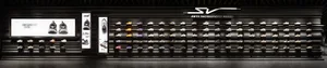A modern retail display featuring a collection of shoes on shelves.