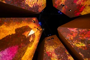 A digital installation featuring a projection of a person's silhouette on a wall, with intricate patterns and vibrant colors.