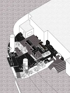 An architectural layout plan of a roof deck garden with wooden surfaces, concrete planters, and glass railings surrounded by