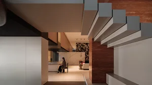 A modern office interior with mixed materials, featuring contemporary design elements and contrasting textures.