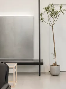 Modern minimalist interior design featuring a sleek, concrete bench, minimalist coffee table, and tall potted plant.