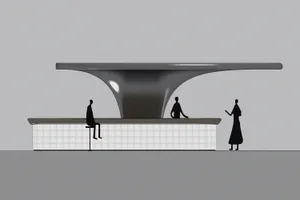 A minimalist modern reception counter showcasing sleek metal design features.