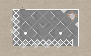 A modern garden with a concrete pavement featuring a geometric pattern, including a round table and chairs set.