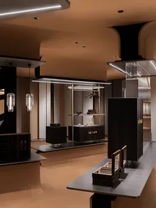 Modern retail display shelves with metal, glass, and wooden elements