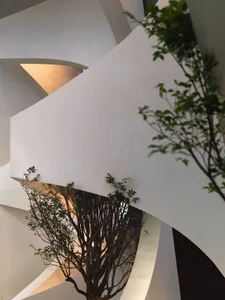 Concrete spiral staircase with green plants in a modern architectural setting