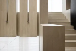 A modern interior design with wooden elements.