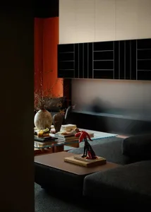 Modern living room with black furniture, glass coffee table, and decorative items on shelves.