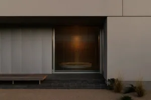 A modern minimalist entryway featuring concrete and glass materials.